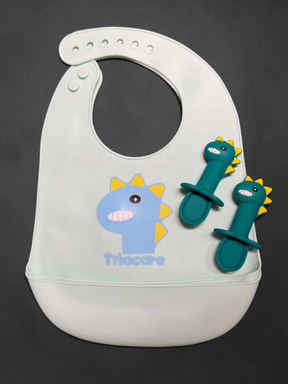 TitaCare Dinosaur Silicone Baby Bib & Utensils NIP